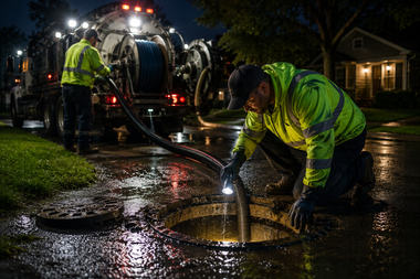 Workers in high-visibility jackets clean a sewer manhole at night on a wet street.