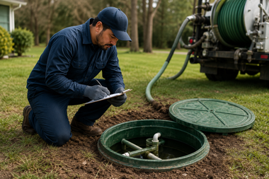 Technician in blue coveralls inspects an open lawn irrigation valve in a yard beside a service truck.