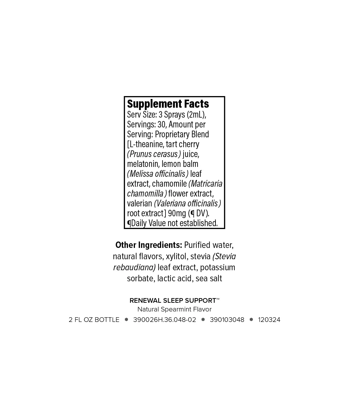 Sleep Spray supplement facts label 