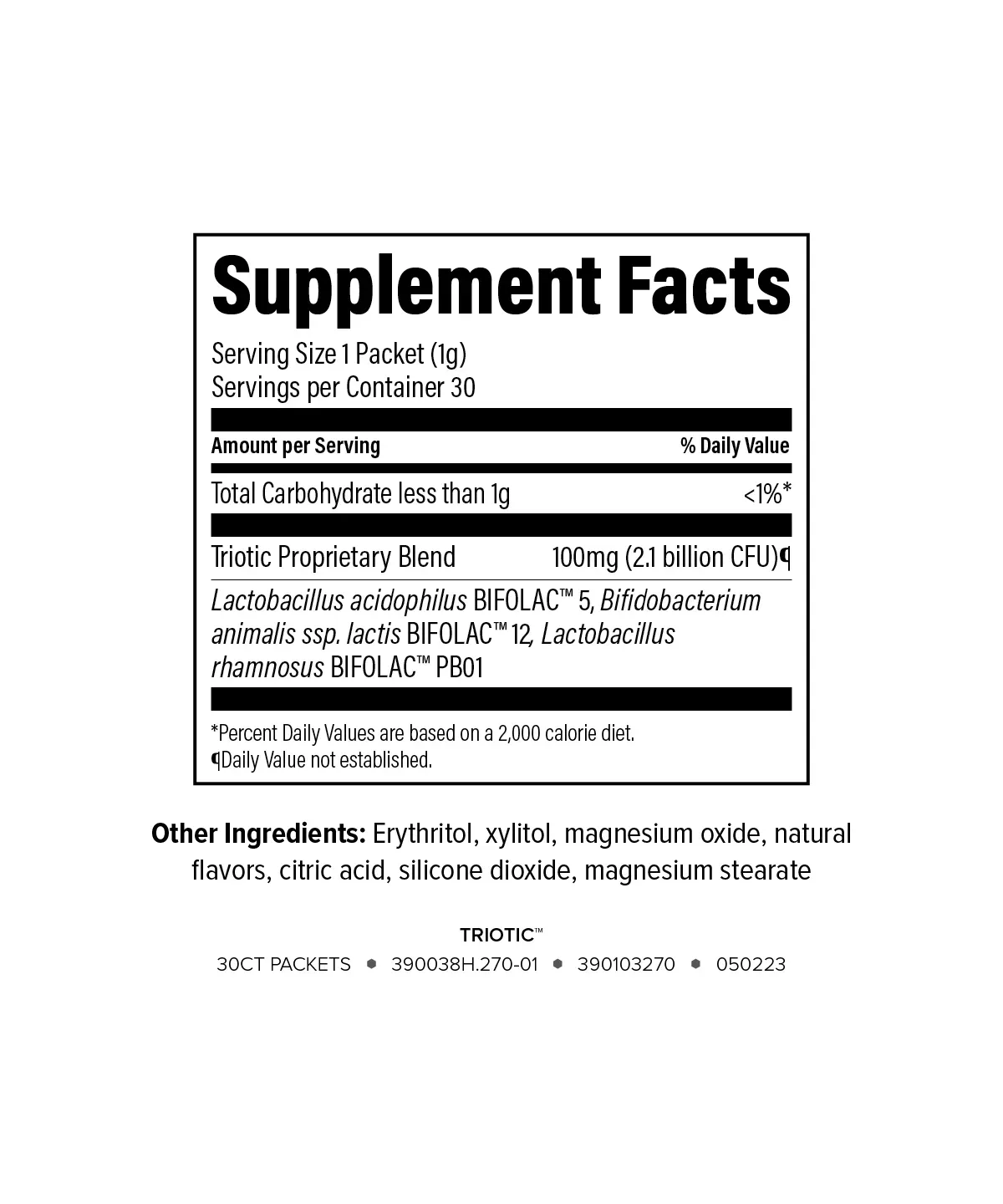 Triotic supplement facts label