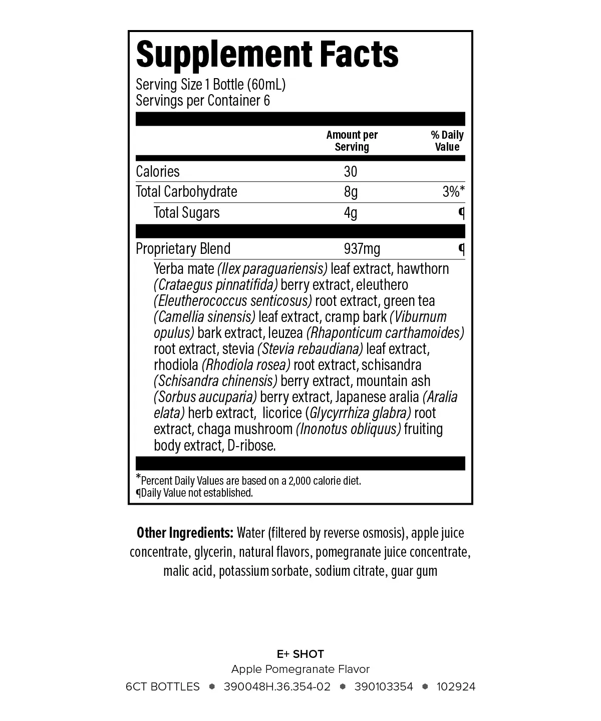 E+ supplement facts label