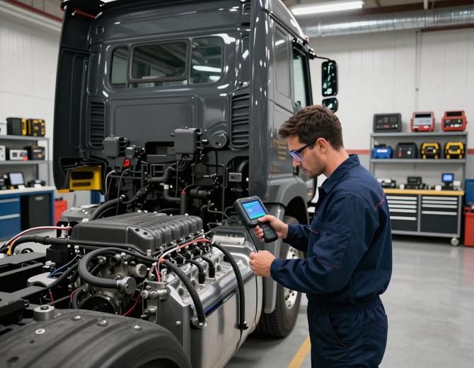 Computer diagnostics being performed on a commercial truck.