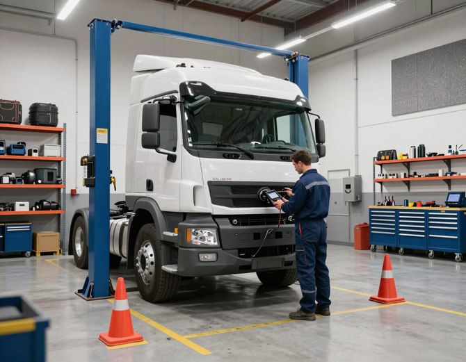 Heavy-duty diesel truck repair in a professional workshop.