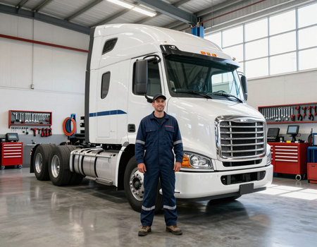 Professional diesel truck service in a clean repair shop.