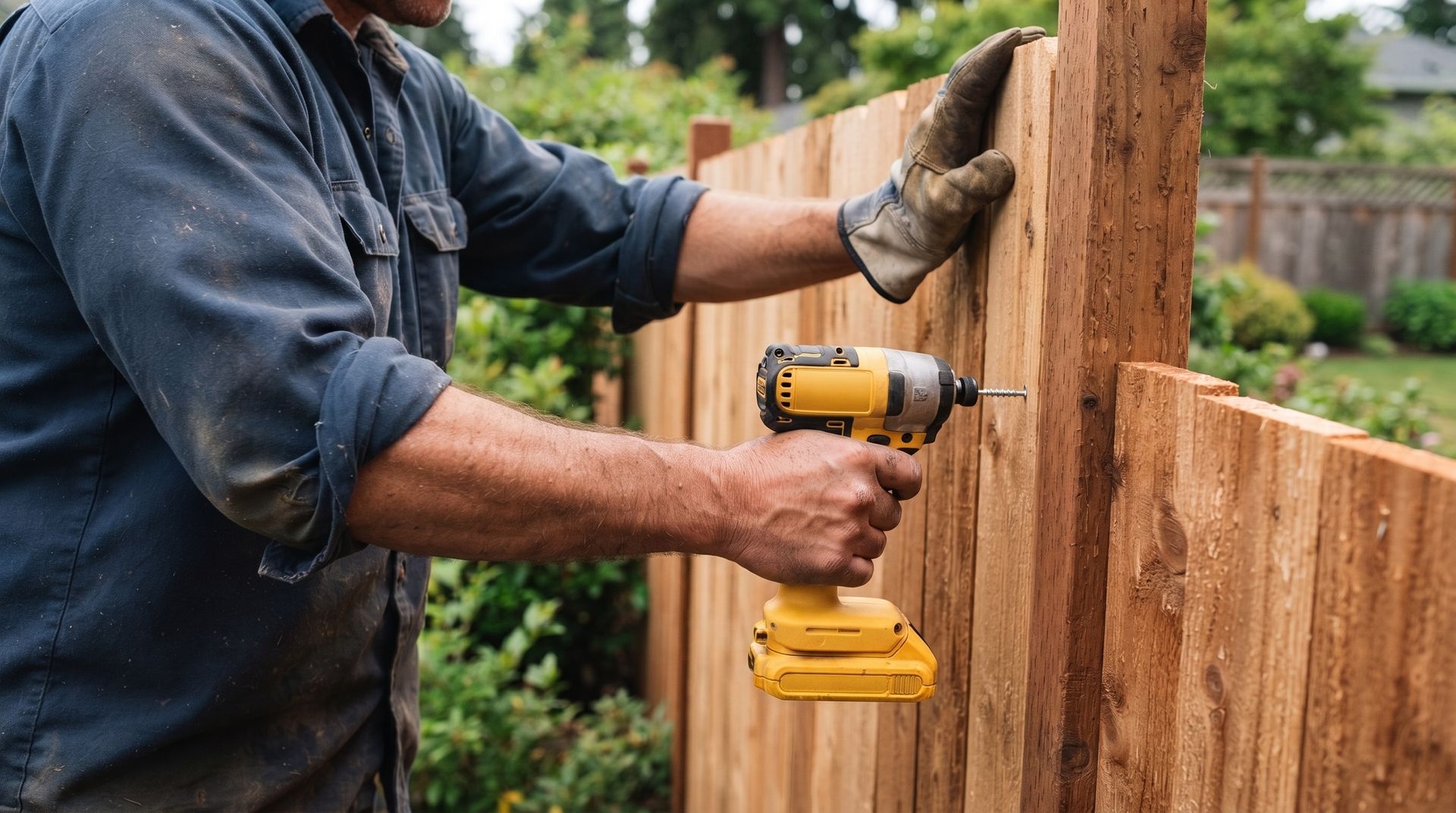 Contractor Installing Wooden Fence with Cordless Drill in Residential Backyard Contractor Installing Wooden Fence with Cordless Drill in Residential Backyard