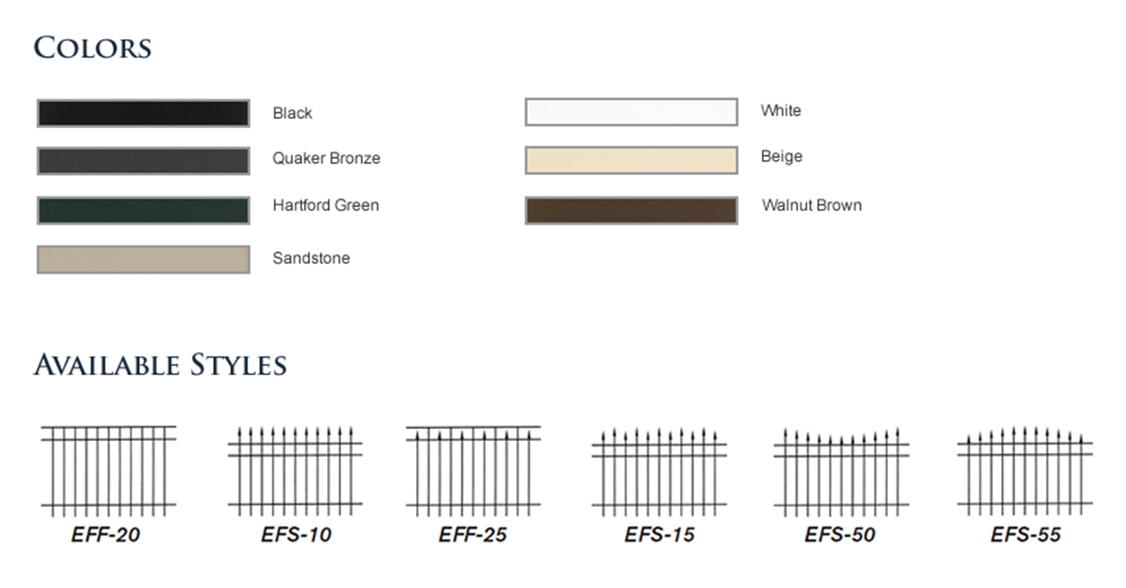 Color and style guide for fences: Black, Copper Brown, Hatfield Green, Sandstone, White, Beige, and Walnut Brown. Styles: EPF-20, 10, 15, 15, 50, and 45.