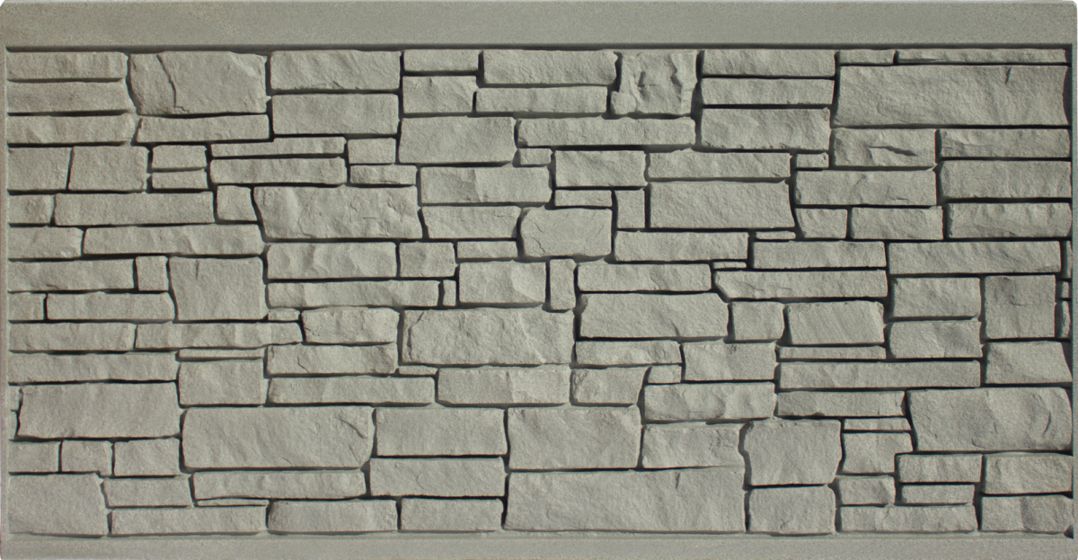 Stone wall with gray, rectangular stones, set in a concrete frame.