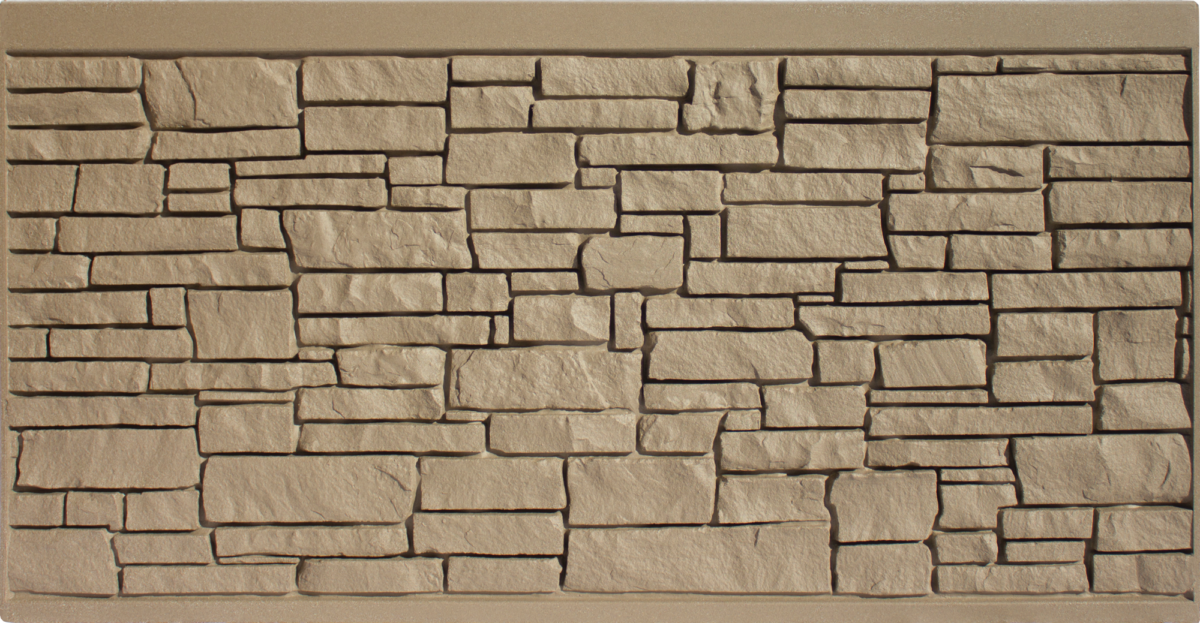 Stone veneer wall panel, beige, with rectangular and irregular stone pattern.