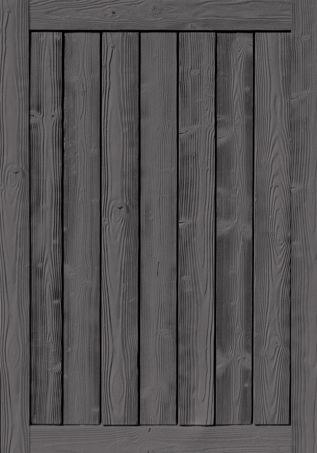 Vertical planks of gray wood forming a panel, bordered by a matching frame.