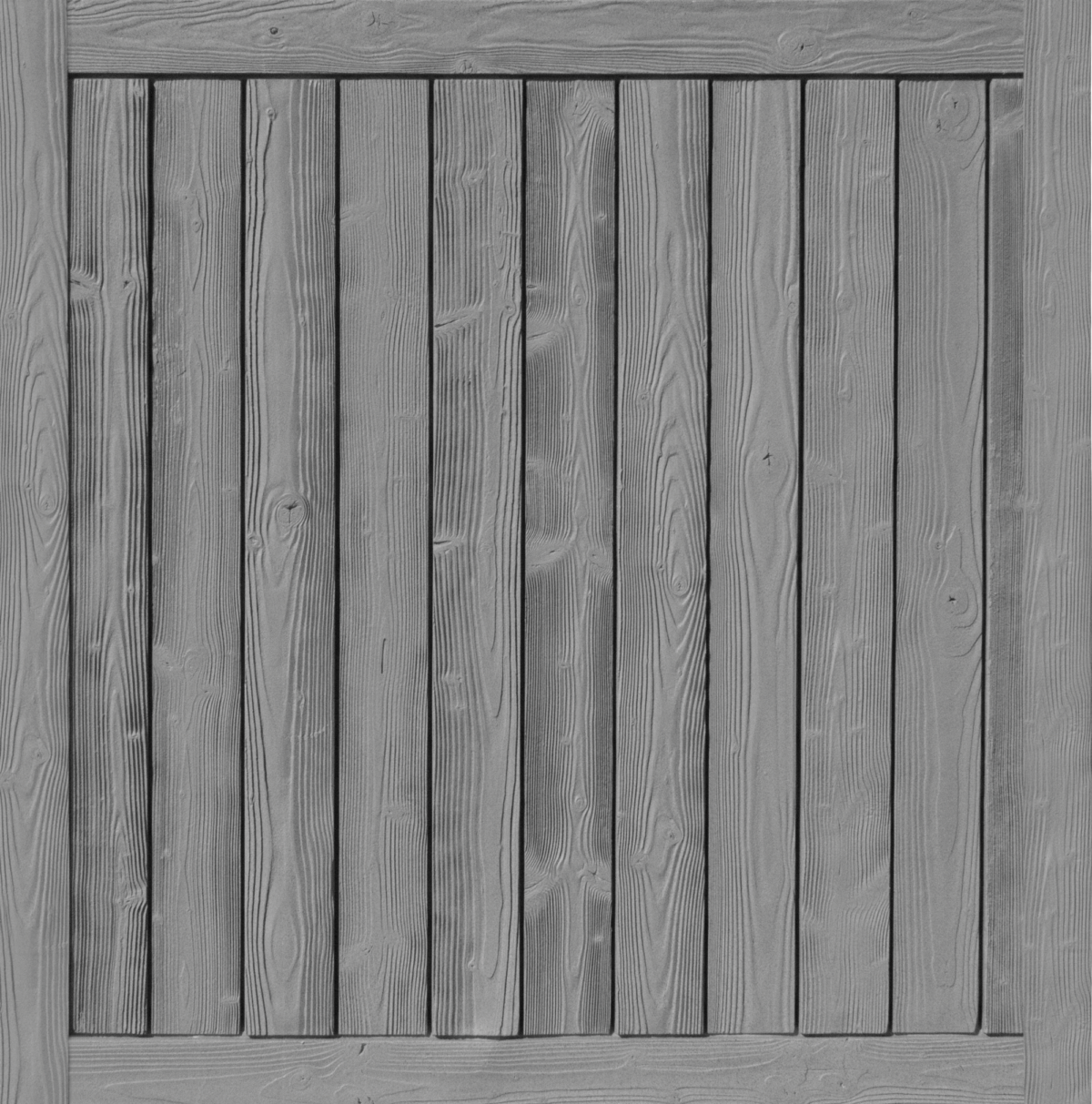 Gray wooden fence panel with vertical planks.