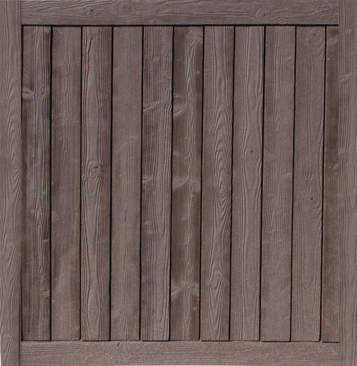 Wooden table top with vertical planks, weathered gray color.