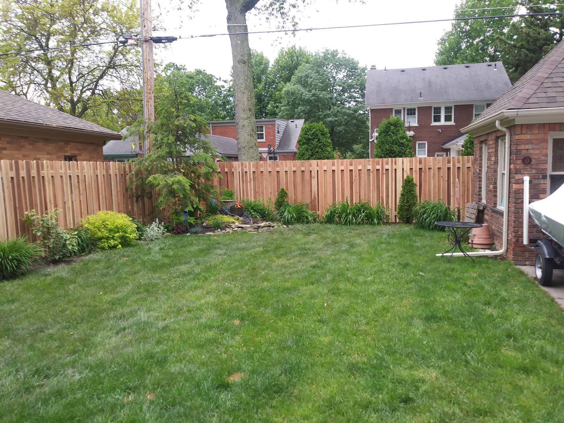 Backyard with a wooden fence, green grass, and various plants. Houses are visible in the background.