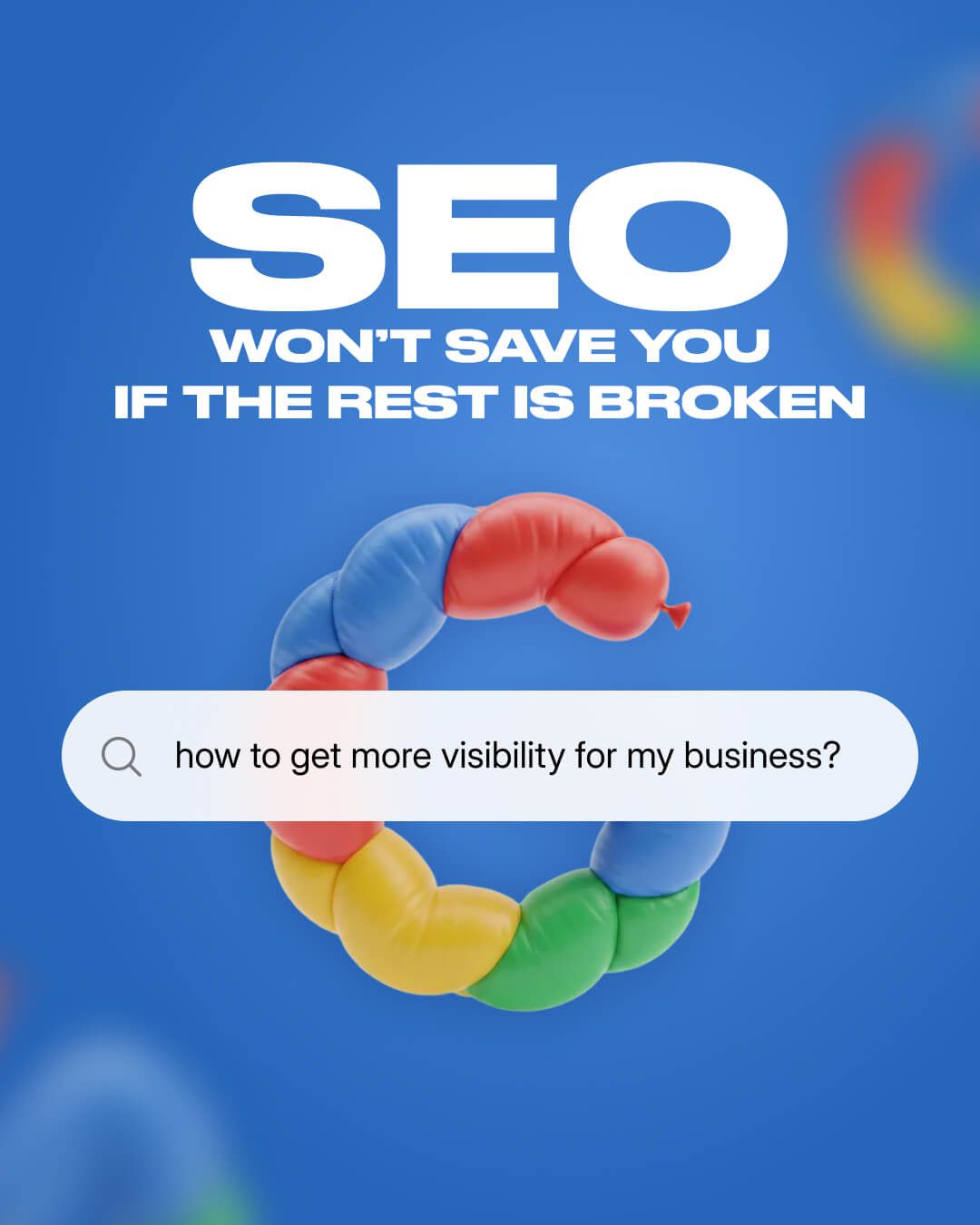 SEO graphic on blue background with search bar asking how to get more visibility for my business?