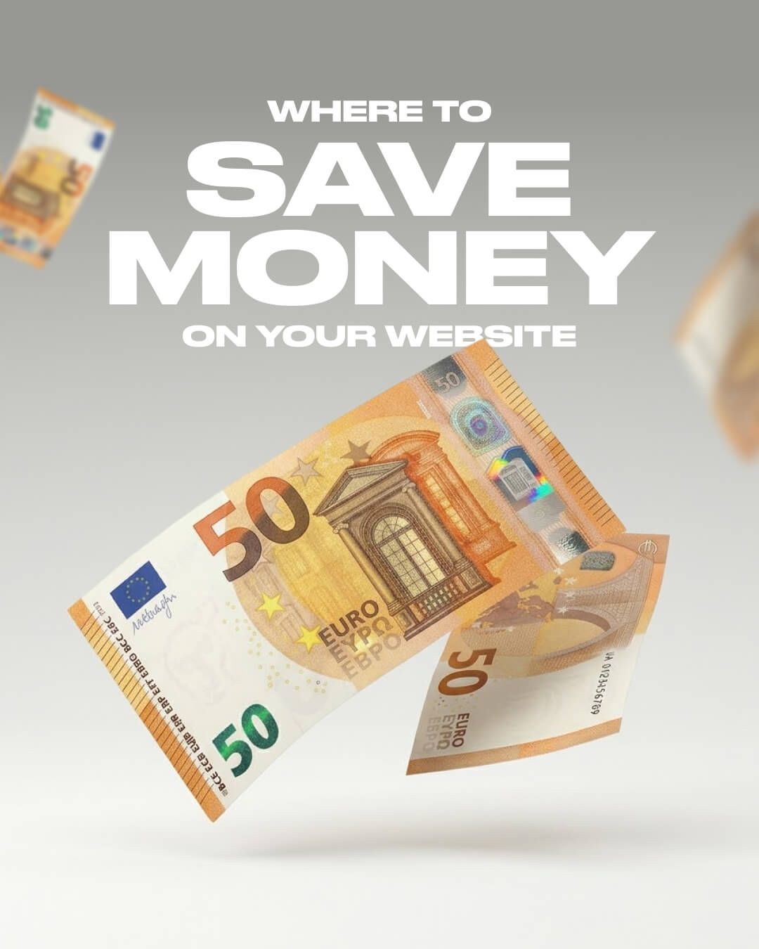 “Save money on your website” text over floating euro banknotes on a gray background