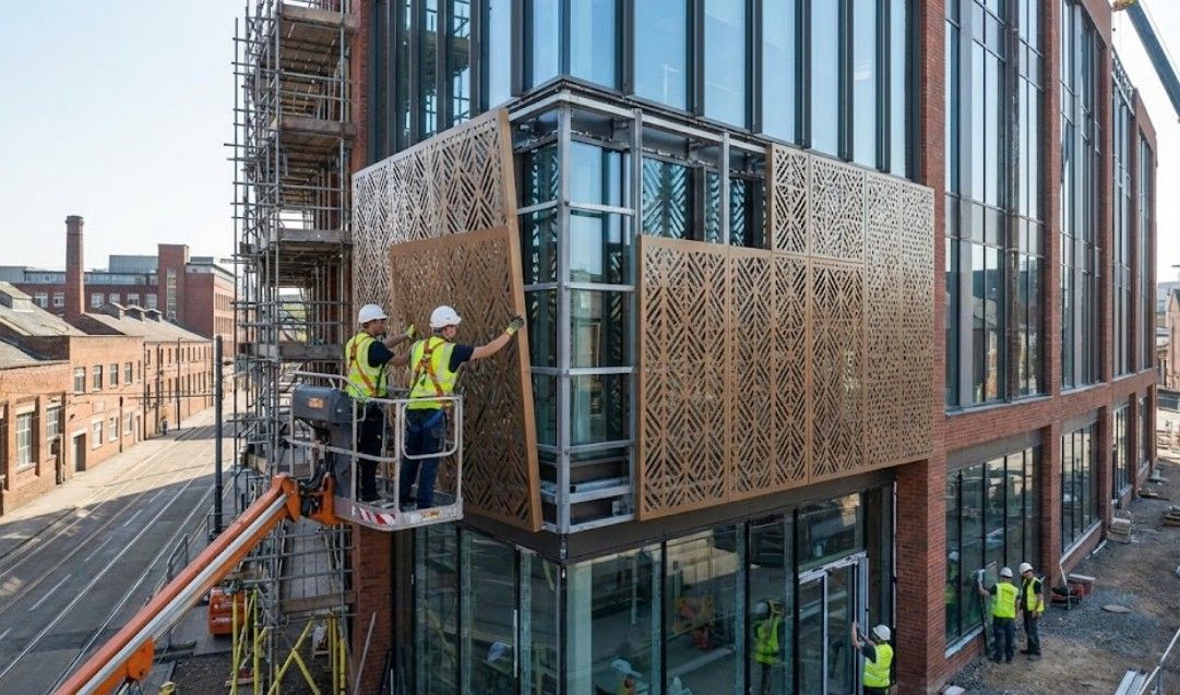 Professional installation of custom architectural metal balustrade panels on Nottingham commercial building