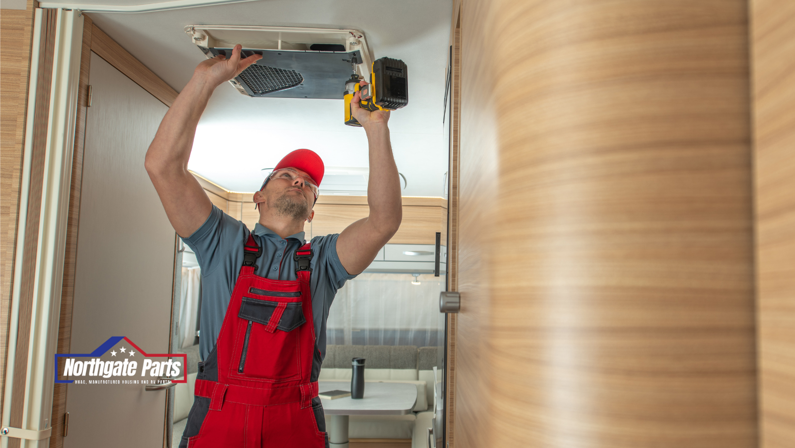 Person in red overalls and hat fixing RV air conditioner with a drill.