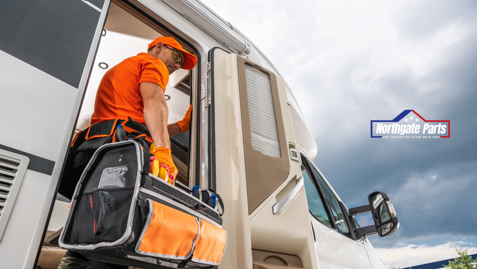 Man in orange shirt repairing RV door with toolbox. Cloudy sky.