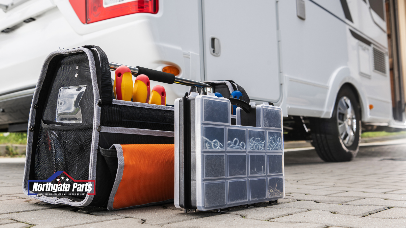 Tool bag with tools and parts box in front of a white RV.