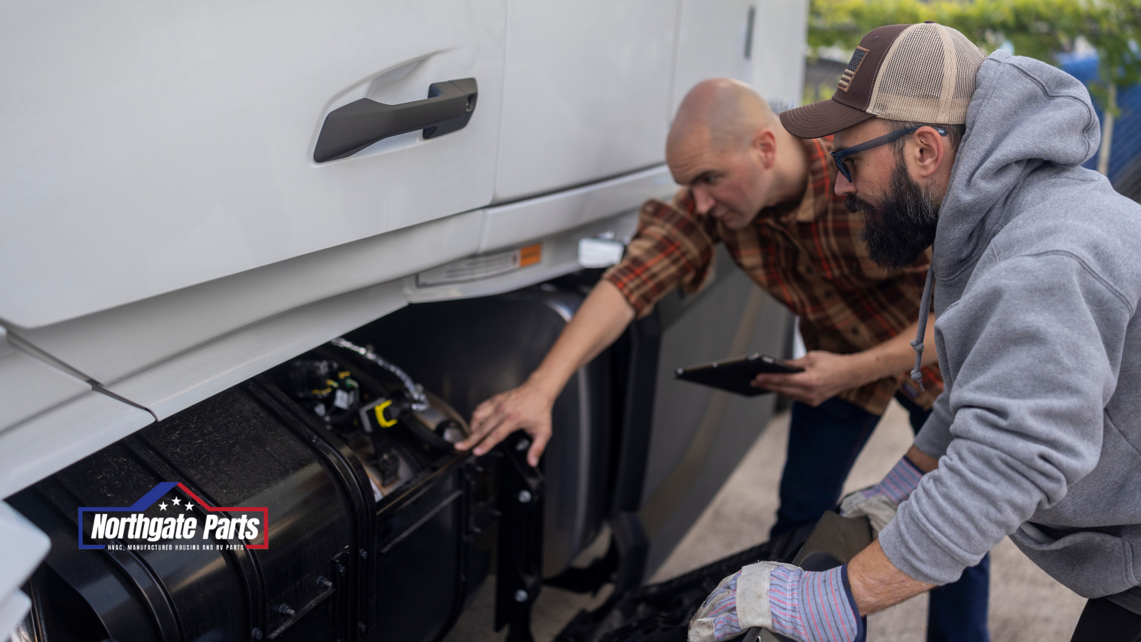 Two men inspecting the fuel tank of a white truck. One holds a tablet. Outdoors, daytime.