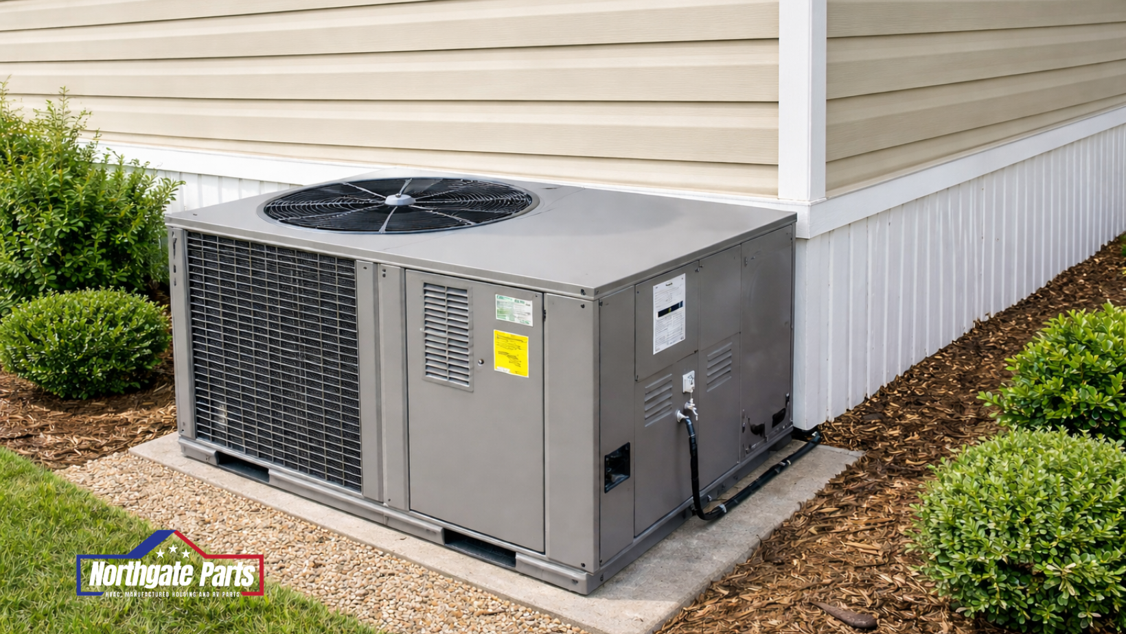 A gray HVAC packaged unit installed on a concrete pad next to the light-colored siding of a house.