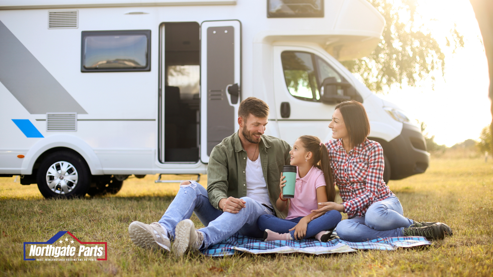 A family is sitting on a blanket in front of a camper van.