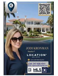 Real estate ad for Jodi Kronman Lokation Real Estate featuring a luxury house, agent portrait, QR code, and contact info