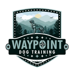 Logo for Waypoint Dog Training: A dog stands before a mountain scene; text "Waypoint Dog Training".