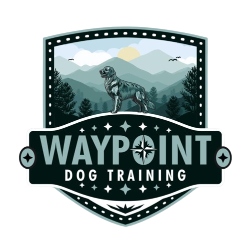 Logo for Waypoint Dog Training: A dog stands before a mountain scene; text "Waypoint Dog Training".