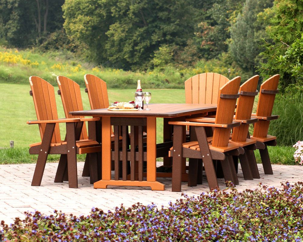A wooden patio set with a table and chairs A wooden patio set with a table and chairs