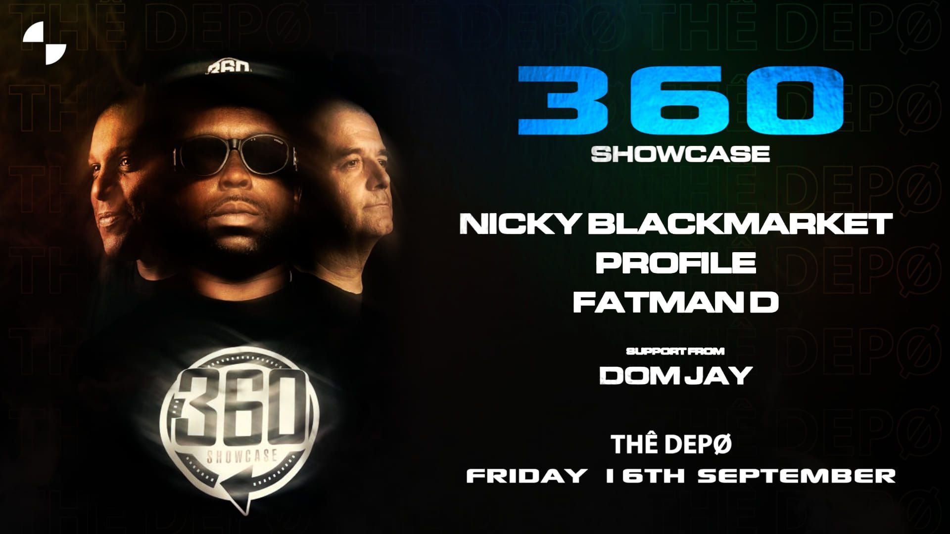 “360” showcase flyer with black background, blue title, and artist lineup including Nicky Blackmarket, Profile, Fatman D, and Dom J