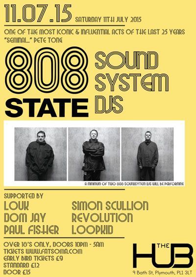 Yellow concert poster for 808 State and guests, with black-and-white band photos and event details.