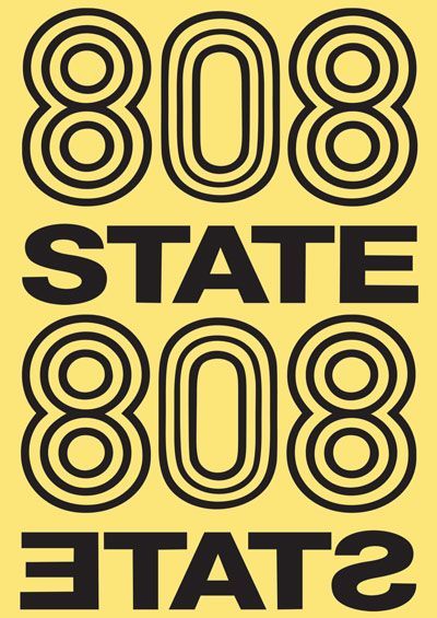Yellow graphic with mirrored black “808 STATE” text, one word upright and one upside down.