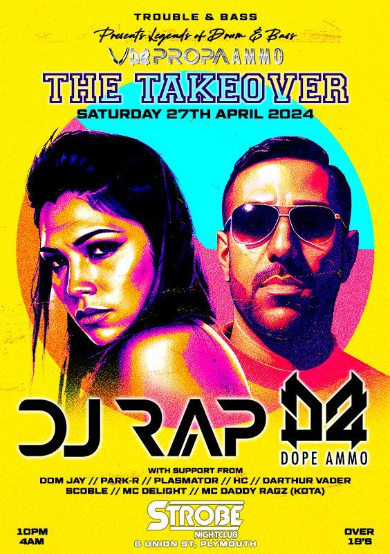 DJ RAP and Dope Ammo event poster with neon portraits and bold yellow text on a pink-orange background