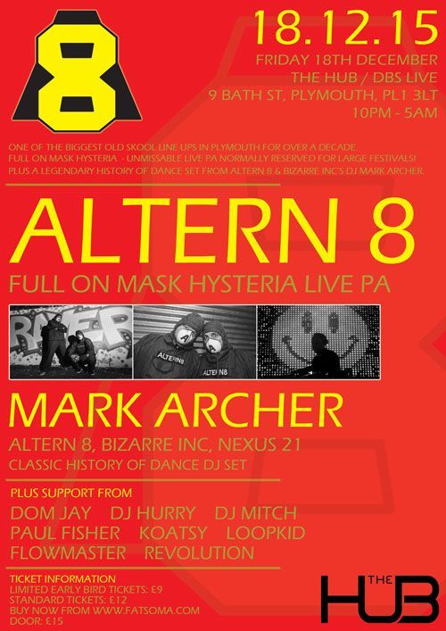 Red concert poster for ALTERN 8 live performance, featuring Mark Archer and event details.