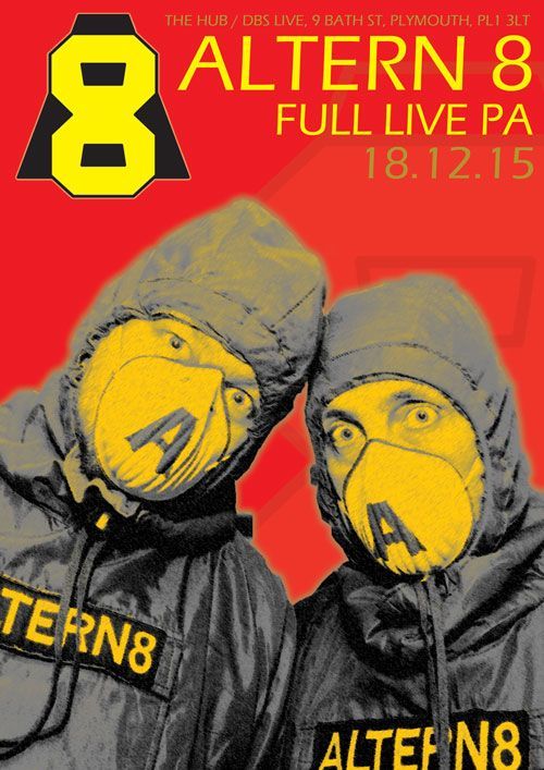 Red concert poster for Alter 8, with two hooded figures and text “FULL LIVE PA 18.12.15.”