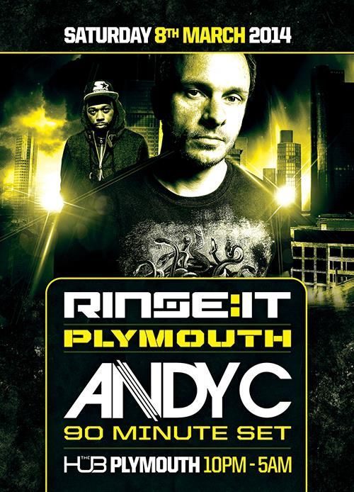 Nightclub flyer for Rigide in Plymouth featuring DJ Andy C, with dark neon green and black graphics.