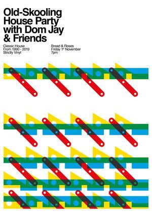 Old-Skooling House Party poster with colorful geometric stripes and red diagonal shapes on white background