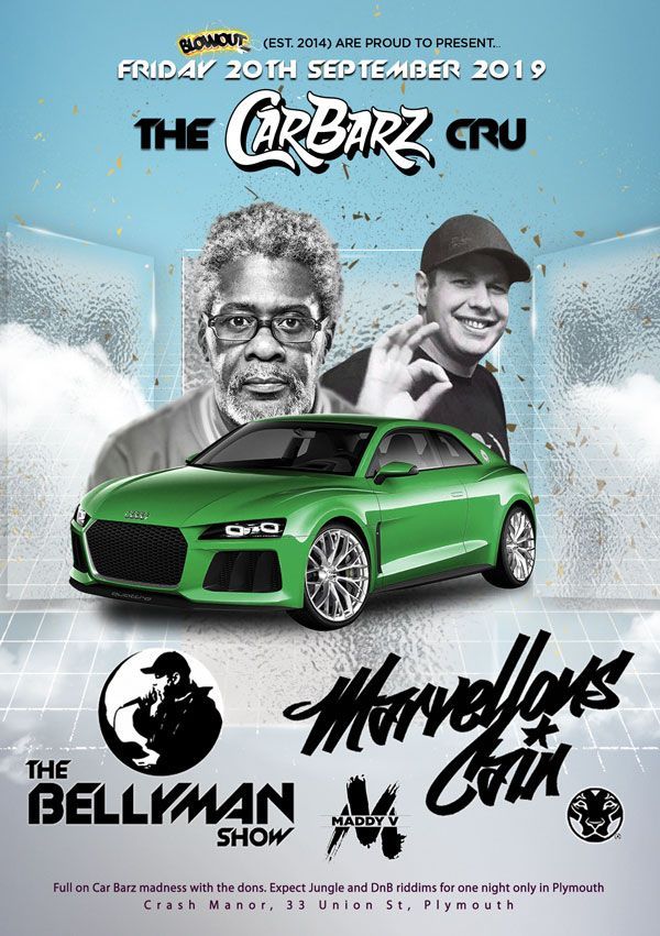 Poster for The Car Barz Cru with a green sports car and two men’s portraits on a blue background