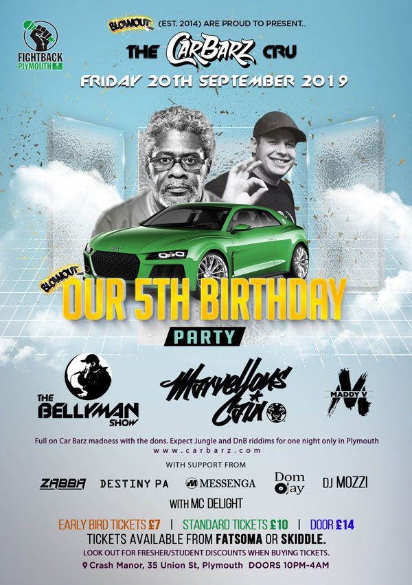 Club event poster with a green sports car, two portraits, and bold text: “Our 5th Birthday Party.”