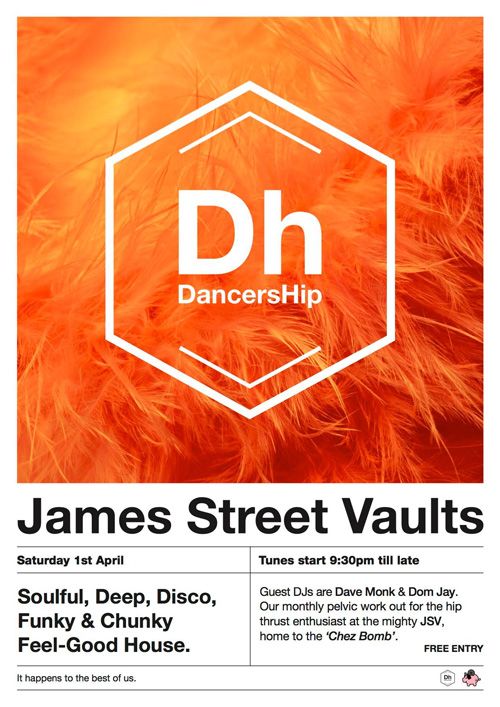Orange DancersHip promo poster for “James Street Vaults” with event details and white hexagon logo