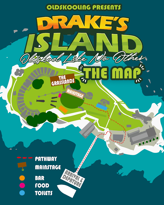 Drake’s Island map poster with path, mainstage, bar, food and toilet locations on a teal sea background
