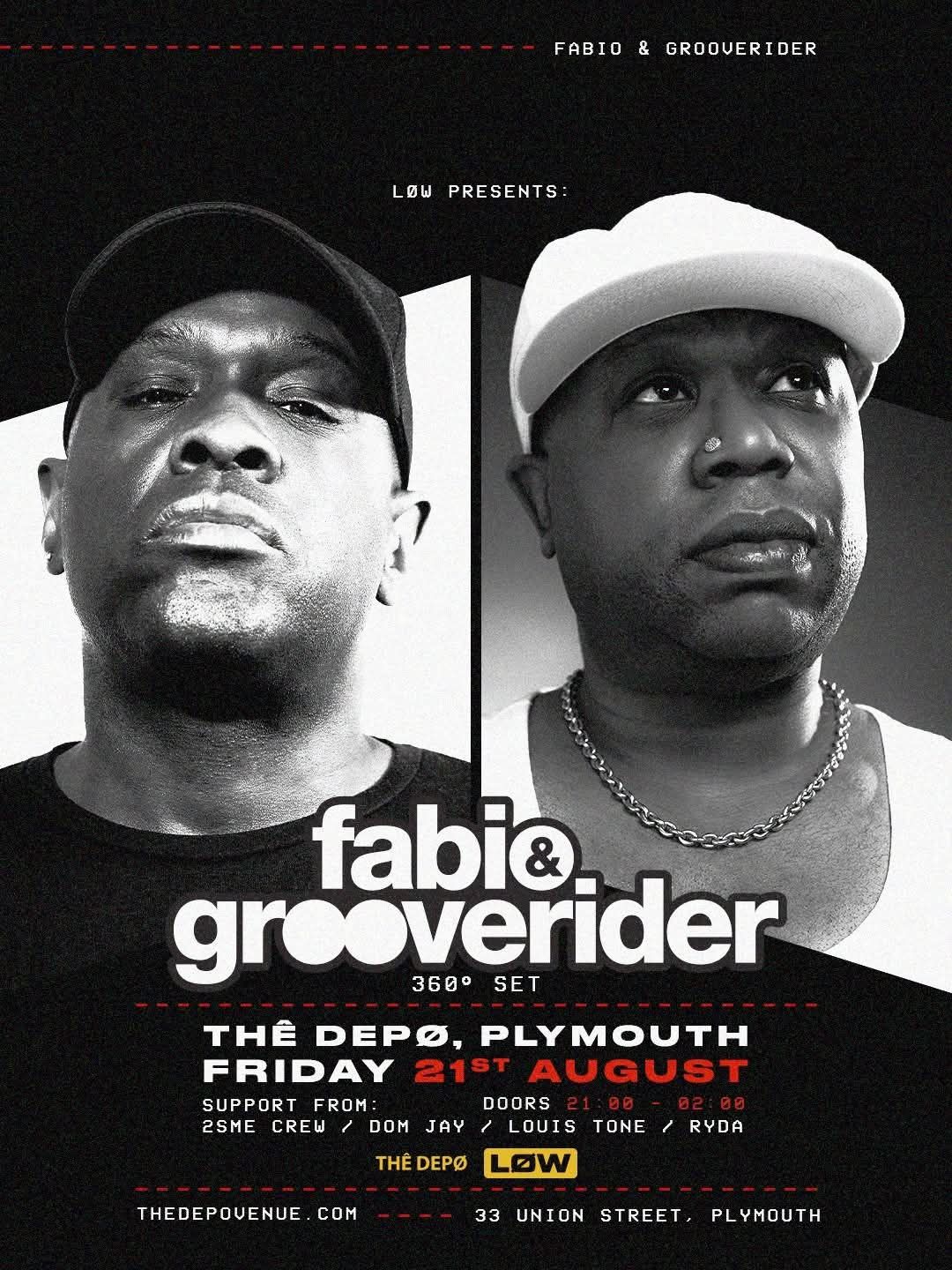 Poster for Fabi & Groove Rider, with two black-and-white portraits and event details on a dark background