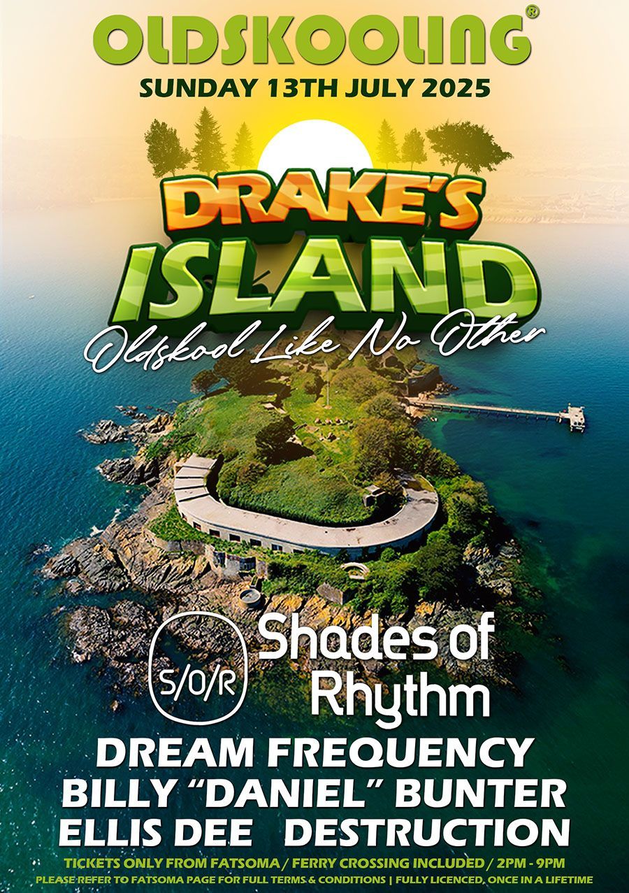 Event poster for Oldskool 2025 at Drake Island with tropical aerial view and artist lineup