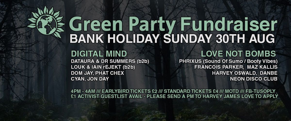 Green Party Fundraiser poster in green text over a dark forest background, with date and event details.