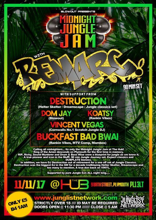 Midnight Jungle Jam reggae concert poster with green jungle design and performer lineup.