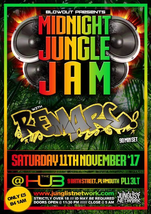 Midnight Jungle Jam event poster with speakers, graffiti logo, and date: Saturday 14th November ’17