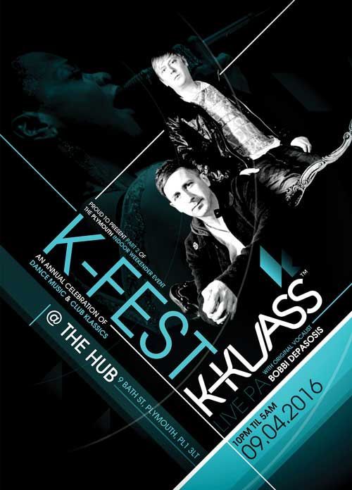 K-Fest and K-Wass event poster with two performers on a dark teal diagonal design, dated 09.04.2016