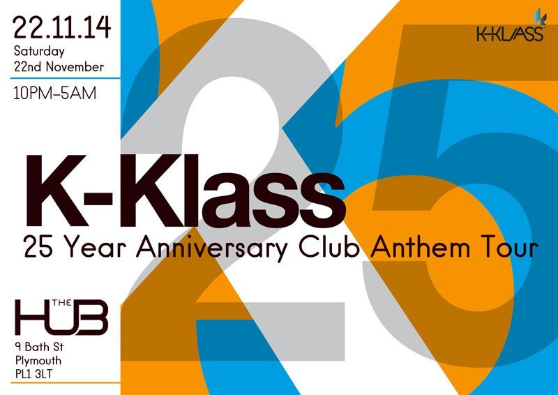 K-Klass 25 Year Anniversary Club Anthem Tour poster, orange, blue, and gray abstract design, date and venue details