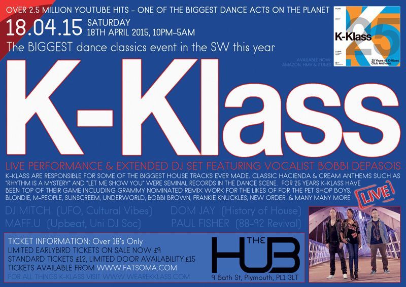 Blue concert poster for K-Klass with large white title, date, venue details, and band photo in the top right.