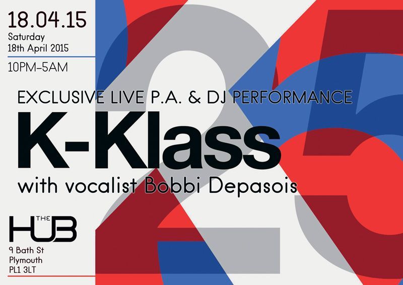 Event poster for K-Klass live PA & DJ performance with vocalist Bobbi Depasois, red and blue abstract background